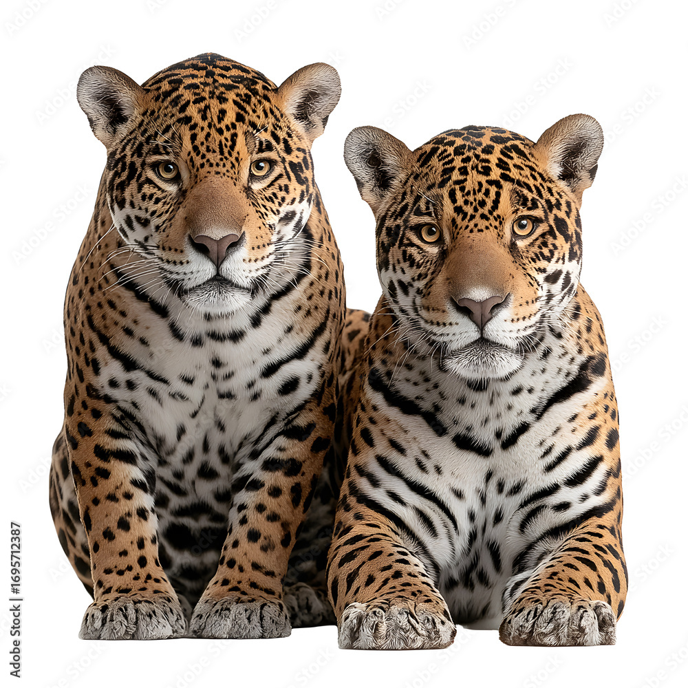 Fototapeta premium Two jaguars sitting white isolated background image, clear detail and natural light, simple clean look simple style clean look soft tone calm mood minimal style natural light clear focus high detail m
