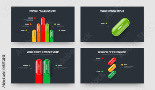 Financial Overview 5 1 2 3 Option Diagram Presentation Layout Set. Modern Profile Five One Two Three Step Infographic Slide Design Vector Illustration Collection.