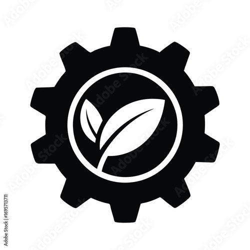 Sustainable engineering concept logo gear with green leaves symbolizing eco friendly industry growth