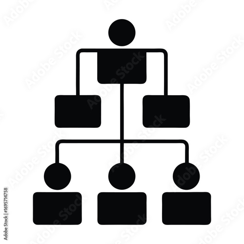 Hierarchical organization chart with connected rectangles and circles depicting business structure and teamwork concepts