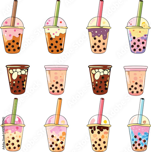 Twelve colorful boba tea drinks with straws bubble tea