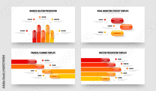 Marketing Solution Five Three Four Step Infographic Presentation Template Vector Illustration Collection. Professional Performance 5 3 4 Element Diagram Frame Design Set.