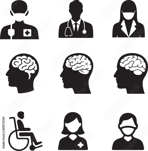 Set of medical icons representing doctors patients and brain health silhouette