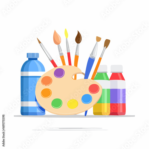 Painting tools set. Art supplies elements, paint tubes, brushes, pencil, watercolor, palette.