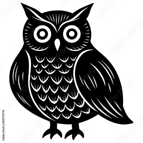 Bold linocut style illustration of a wise owl featuring strong lines and a graphic artistic aesthetic for diverse design projects