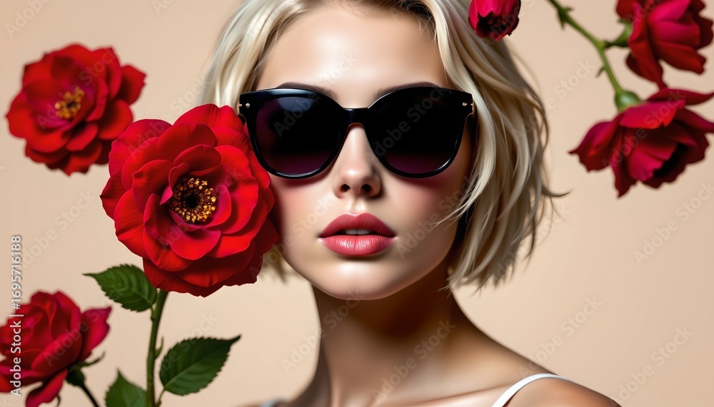 Fototapeta premium Fashionable Woman with Floral Frame and Sunglasses