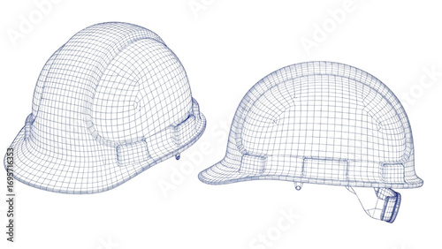 Hard Hat Wireframe | Technical Drawing of Safety Helmets in Multiple Perspectives Vector Illustration