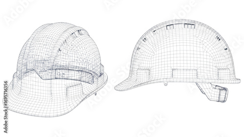 Hard Hat Wireframe | Technical Drawing of Safety Helmets in Multiple Perspectives Vector Illustration
