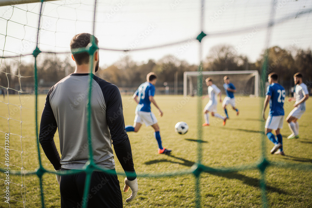 Fototapeta premium Goalkeeper watching opponents from behind the net in a sunny soccer game. Players in blue and white uniforms.