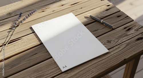 Blank Sheet of Paper and Pen on a Wooden Table with Sunlight and Lavender