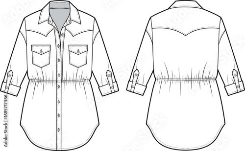 Fashion flat sketch of a long sleeve button-up shirt with elastic waist detail drawing apparel
