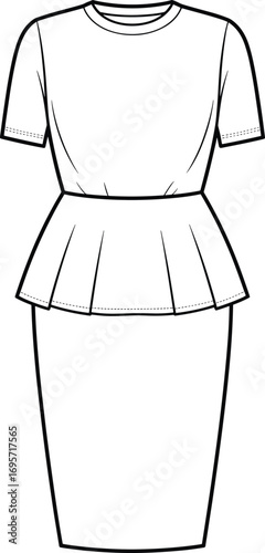 Fashion flat sketch of a short sleeve peplum dress with pencil skirt drawing apparel