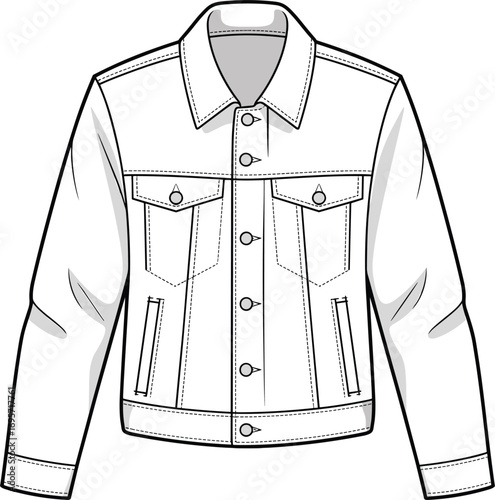 Fashion illustration of a white denim jacket with pockets and buttons on white background outerwear clothing