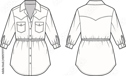 Fashion flat sketch of a long sleeve button-up shirt with elastic waist detail drawing apparel