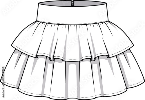 Fashion illustration of a white layered ruffled skirt with waistband on white background clothing garment