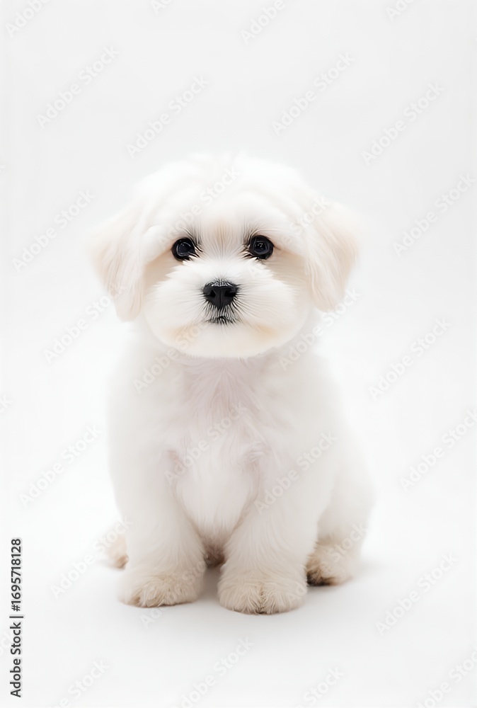 Obraz premium Adorable Maltese Puppy Sitting on White Background