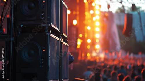 A detailed photo of concert technicians managing sound system setup with speakers and vibrant stage lights, crowds enjoying the show.