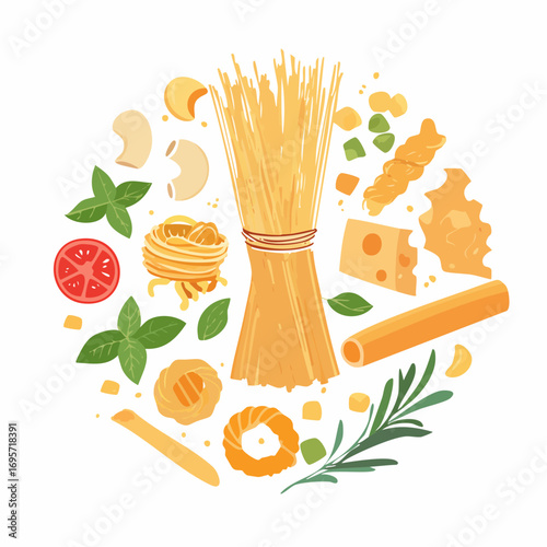 Minimalist hand drawn pasta vector set. Different Mediterranean spaghetti types.