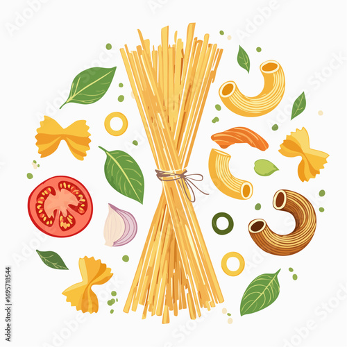 Minimalist hand drawn pasta vector set. Different Mediterranean spaghetti types.