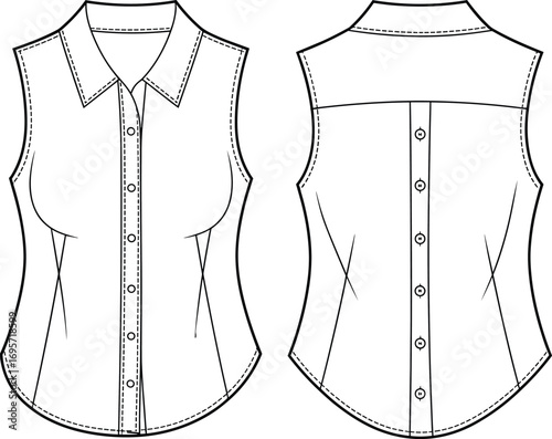 Front and back flat sketch of a sleeveless collared button-up shirt with bust darts Keywords: fashion, sketch, flat, drawing