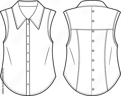 Front and back flat sketch of a sleeveless collared button-up shirt with darts Keywords: fashion, sketch, flat, drawing