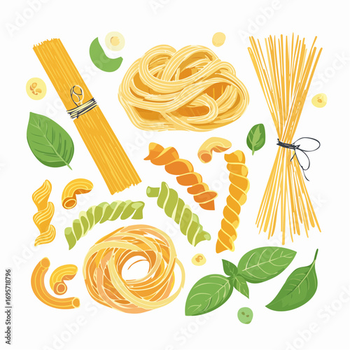 Minimalist hand drawn pasta vector set. Different Mediterranean spaghetti types.