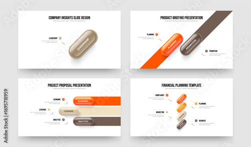 Modern Insight One Two Three Four Element Diagram Frame Template Vector Illustration Set. Project Overview 1 2 3 4 Option Infographic Slide Layout Collection.