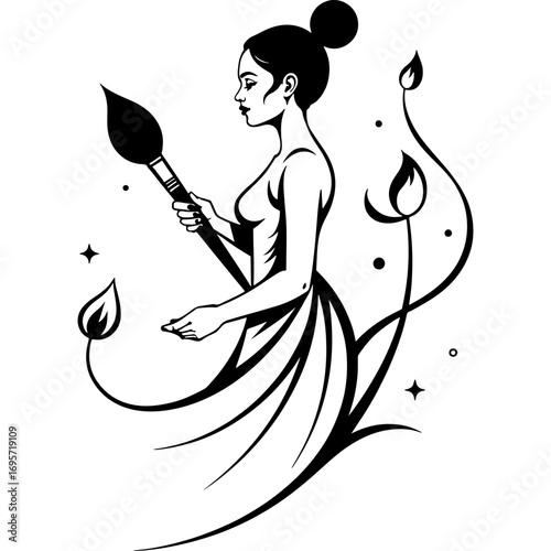 Sketchy emblem of a artist charming muse surrounded by curls and leaves. Engraving minimalistic vector in black ink drawing on transparent background