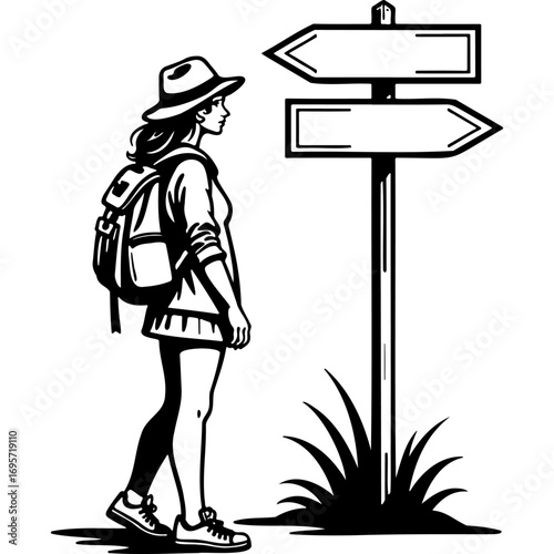 Sketchy emblem of girl tourist with a backpack chooses the direction of movement according to the sign. Engraving minimalistic vector in black ink drawing on transparent background