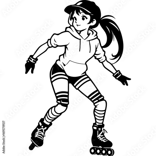 Sketchy sport emblem of young girl getting ready for roller skating race. Engraving minimalistic vector in black ink drawing on transparent background