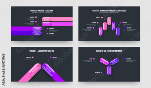 Service Visualization Four Five Two Three Element Diagram Slide Layout Vector Illustration Bundle. Professional Solution 4 5 2 3 Option Infographic Slideshow Template Set.