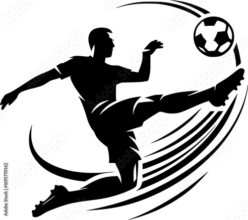 Minimalist black and white vector icon of a soccer player with clean lines. Modern, simple, scalable design for stickers, logos, or digital use.