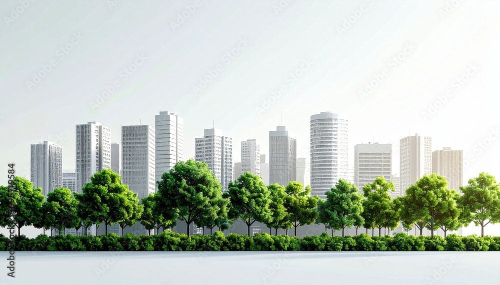 Obraz premium Modern city skyline with lush green park foreground, symbolizing harmony between urban development and nature.