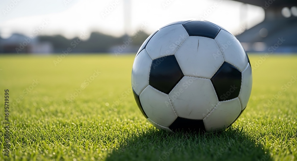 Fototapeta premium Classic black and white soccer ball resting on vibrant green grass, symbolizing the spirit of the game and perfect for sports-themed projects and advertising.