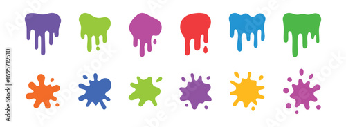 Color paint splashes. Ink splatter spot, abstract colorful blob, blot shapes. Liquid smudge with drops, spray stain. Smudge flat patch, brush splotch. Vector inkblot set