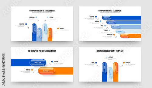 Consulting Campaign Four Five Two Three Element Diagram Presentation Design Vector Illustration Bundle. Enterprise Briefing 4 5 2 3 Step Infographic Frame Layout Collection.