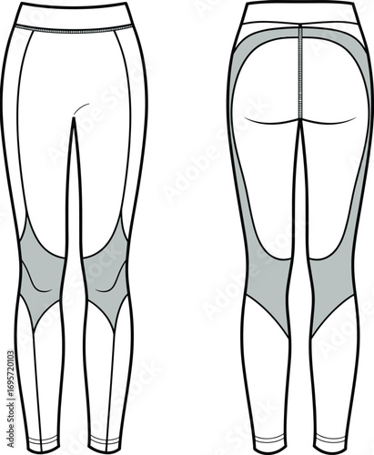 White Athletic Leggings with Grey Panels Front and Back View Fashion Illustration workout pants activewear