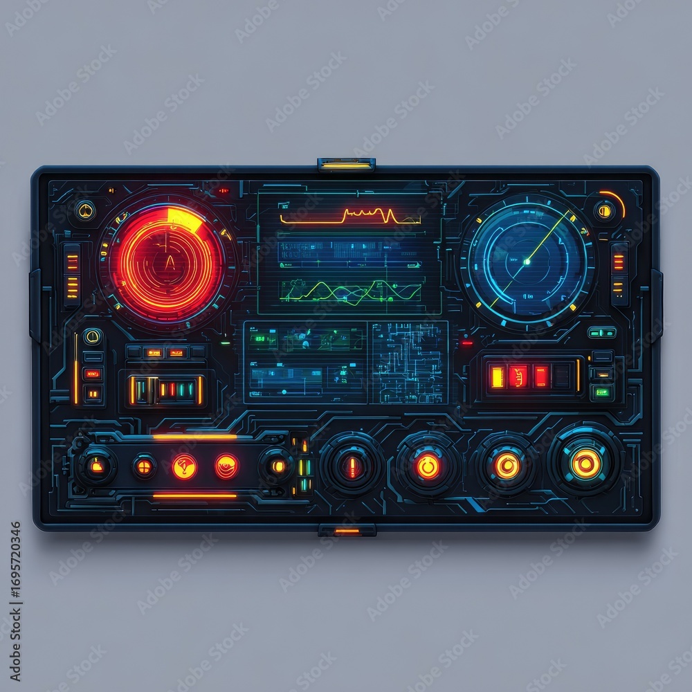 Fototapeta premium Futuristic control panel with glowing displays and various controls