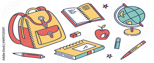 Colorful illustration of educational supplies including a backpack, globe, and books arranged on a white background, evoking a sense of learning and creativity.