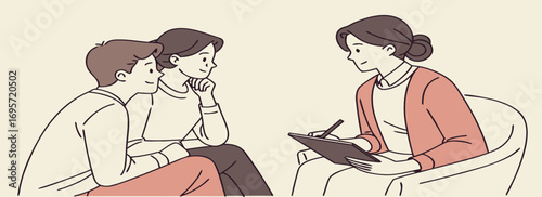 Illustration of a therapy session with two clients discussing with a mental health professional holding a clipboard in a comfortable setting.