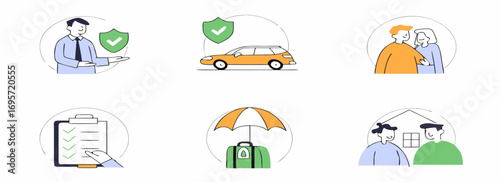 Vector illustrations depicting various aspects of car insurance and customer service interactions.