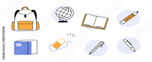 Colorful school supplies including a bag, globe, notebook, pencil, and eraser arranged on a white background to create an educational atmosphere.