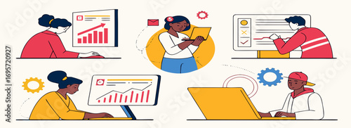 Colorful illustrations depicting individuals engaged in data analysis and project management tasks with graphs and charts.
