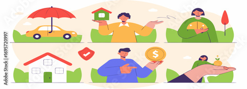 Illustration depicting various financial themes including home investment, insurance, and money management in a colorful, modern style.