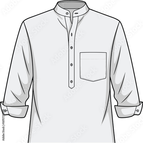White kurta shirt with rolled sleeves and chest pocket Keywords: kurta, shirt, clothing, apparel, fashion, garment, top, casual