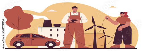 Illustration of two individuals in work attire near an electric vehicle and wind turbines, showcasing renewable energy.