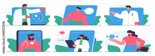 A collection of diverse healthcare workers engaging in various professional activities, showcasing teamwork and communication.