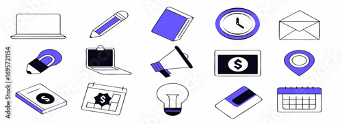 Collection of flat design business icons on a purple background including a laptop, clock, money, and stationery items.