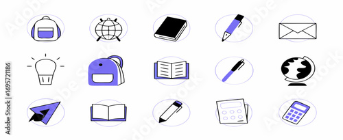 Various simple and minimalistic icons depicting office tools and communication devices against a white background.