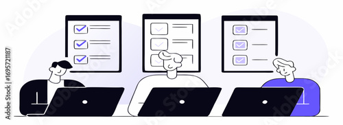 Illustration of three people collaborating in a modern workspace with laptops and project checklists.